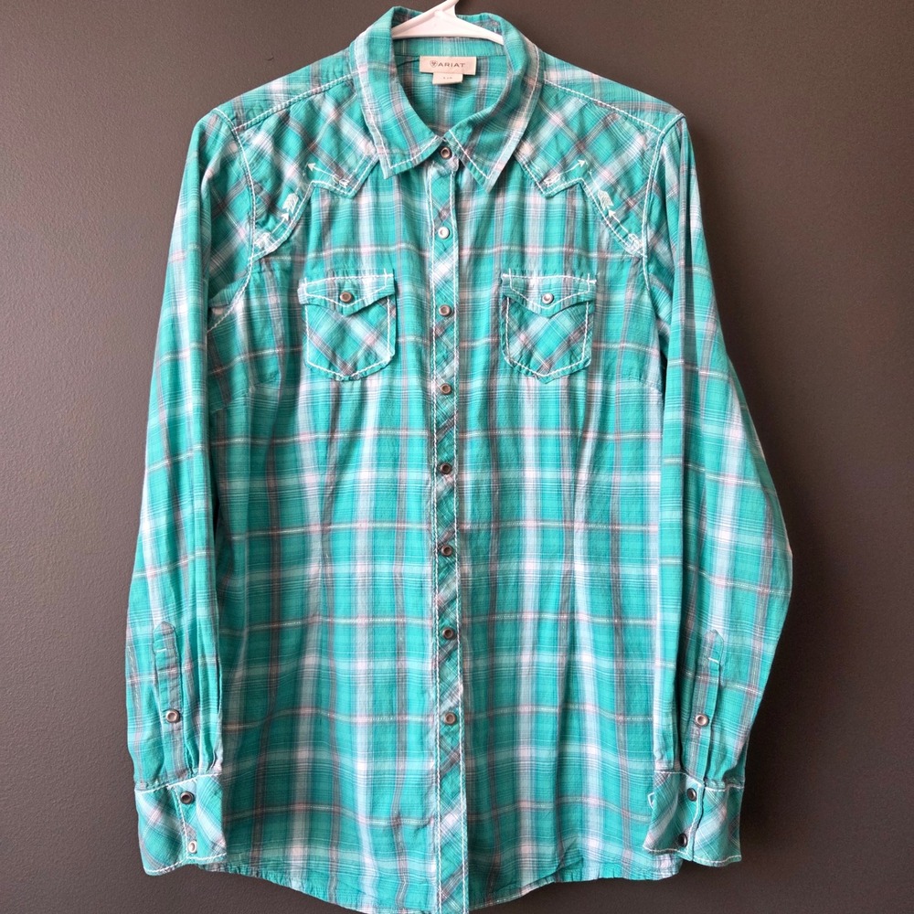 Ariat Womens Teal‎ Plaid Western Snap Shirt Metallic Lurex Arrows Large Country